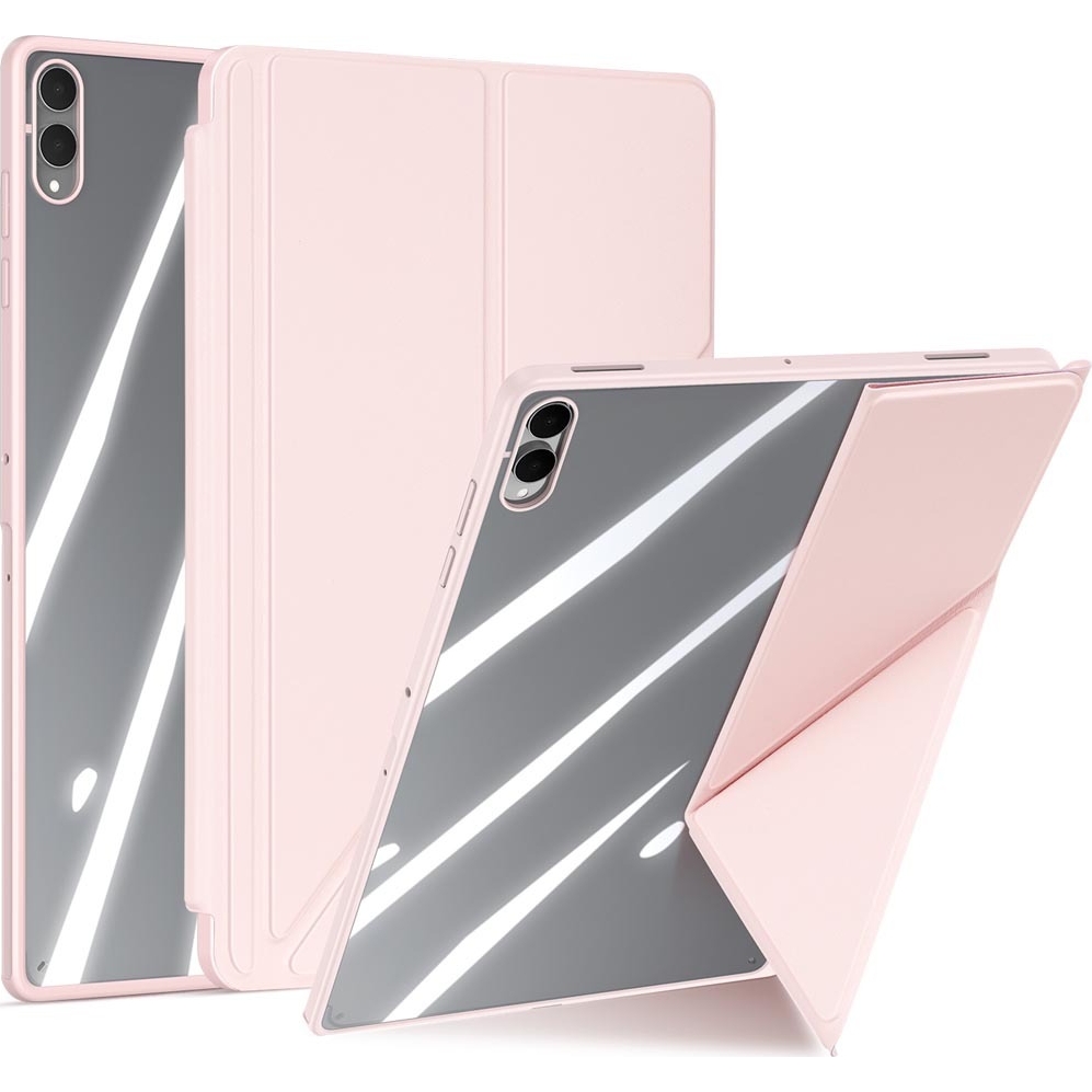 Etui z klapką ą w stylu origami Dux Ducis Magi do Samsung Tab S11 Ultra, przezroczysto-różowe pozwala na ustawienie tabletu pod różnymi kątami.